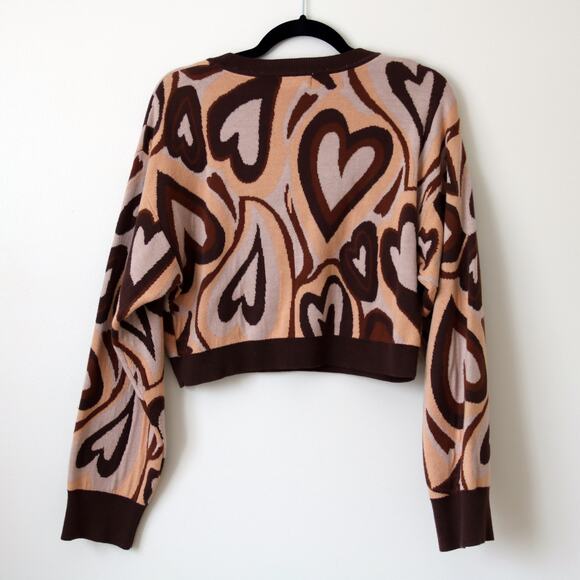 NWOT Altar'd State Beige Brown Retro Hearts Cropped Sweater Large - Picture 2 of 6